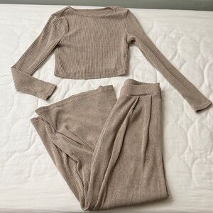 Ribbed Long Sleeve Crop Top and Pants Set